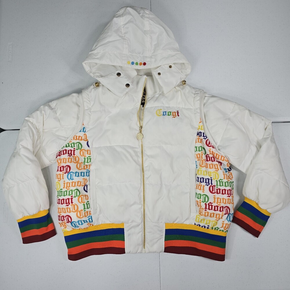 Vintage Y2K COOGI 3X Rainbow Hooded Puffer Bomber Jacket Removable Sleeves/Vest